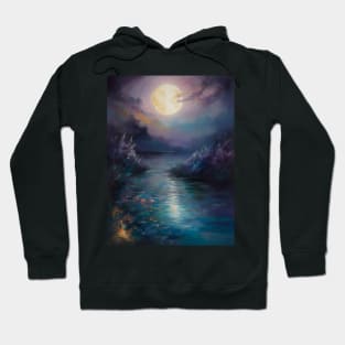 Moonlit Lake Surrounded by Blooming Trees and Mountain Hoodie